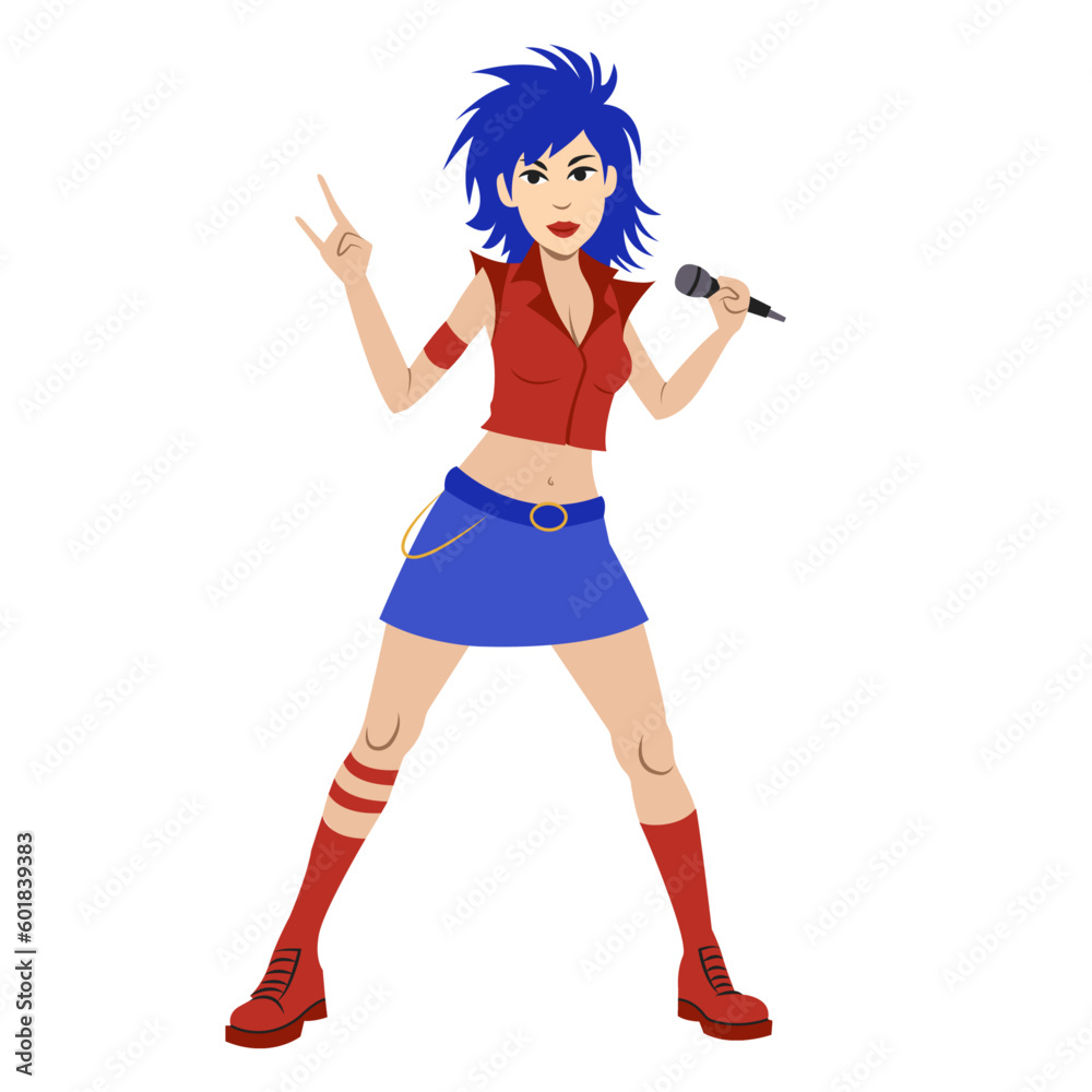 punk rock black music girl vocal and microphone red blue clothes in the white backgrounds glamour punk rock black music girl vocal and microphone red blue clothes in the white backgrounds glamour