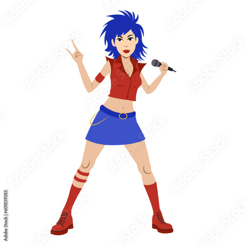 punk rock black music girl vocal and microphone red blue clothes in the white backgrounds glamour