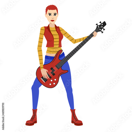 punk rock metal girl and guitar bass red blue clothes in the white backgrounds