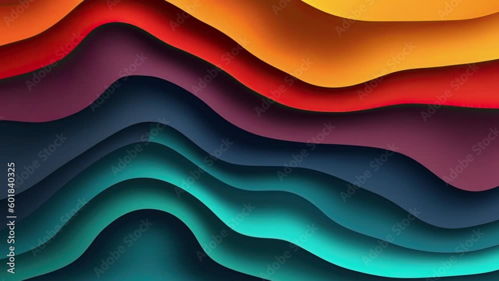 Abstract wavy liquid motion video background, colored layered forms, wave paper cut, multi-layered color fields, multilayered folding graphics, sculptural paper fluid with slow dissolving effect