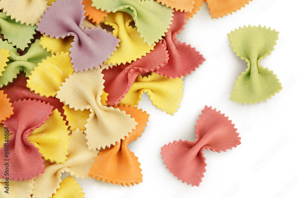 colorful farfalle pasta isolated on white background with full depth of field. Top view. Flat lay. colorful farfalle pasta isolated on white background with full depth of field. Top view. Flat lay.