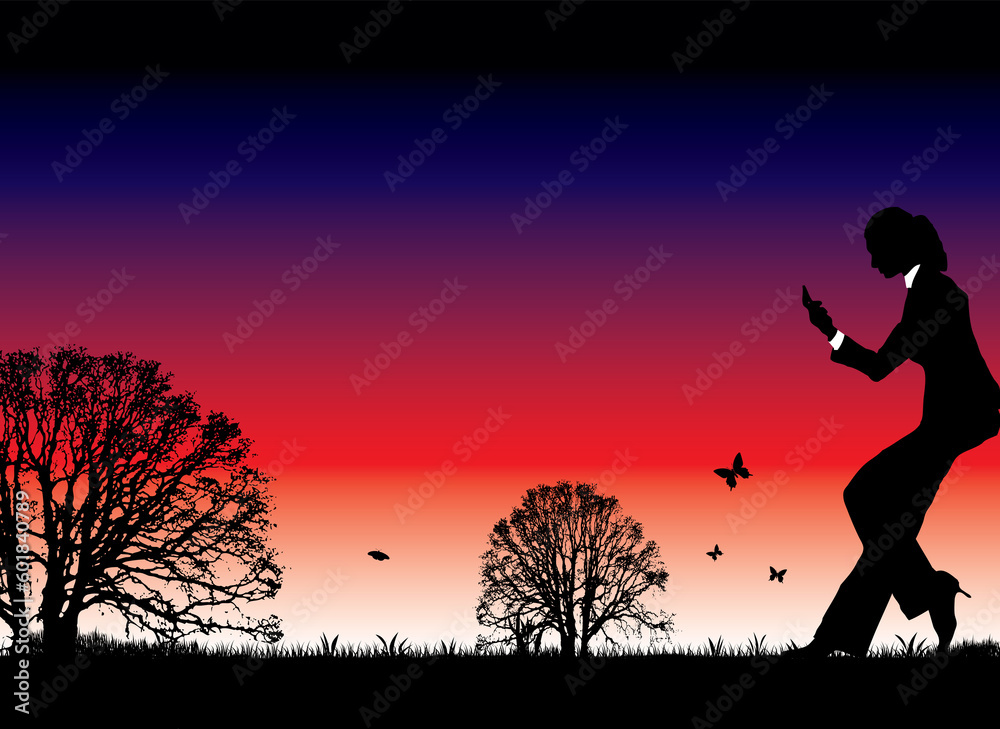 natural sunset with a woman taking a business call natural sunset with a woman taking a business call