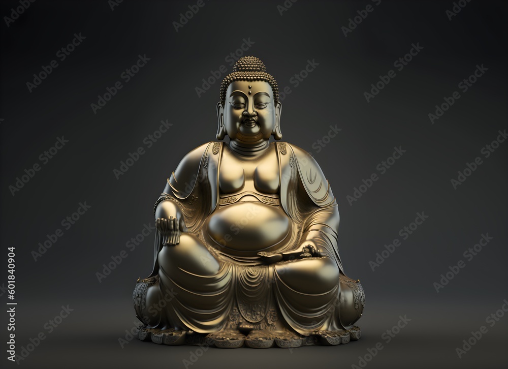 Escultura de Buda Gautama en bronce, oro con fondo oscuro. Render 3d realista. Generado con IA