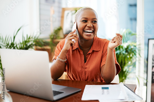 Slika na platnu Phone call, laugh and business black woman in office for contact, connection and network