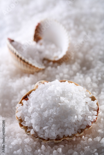 sea salt in sea shell on salts and second shell background