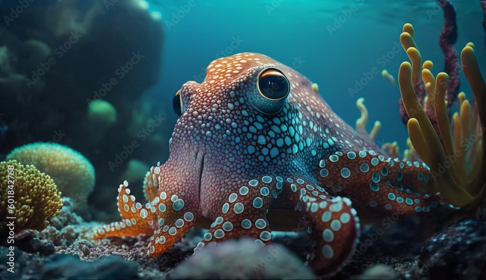 Octopus swimming in the under sea, Beautiful Underwater.Generative AI. Octopus swimming in the under sea, Beautiful Underwater.Generative AI.