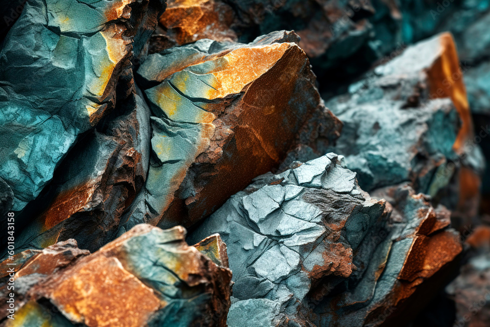 Orange and teal rock formation, revealing a rough blue - green stone ...