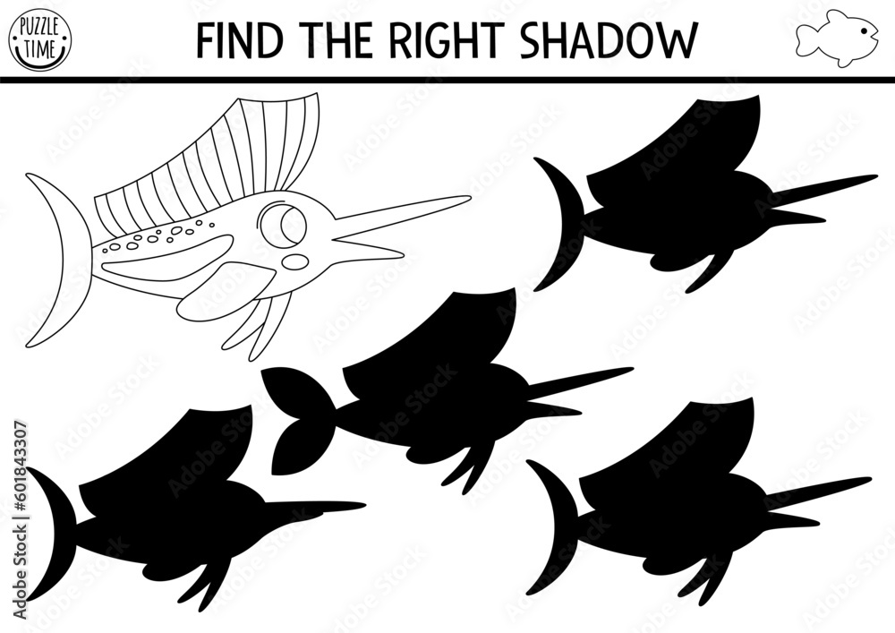 Under the sea black and white shadow matching activity. Ocean line