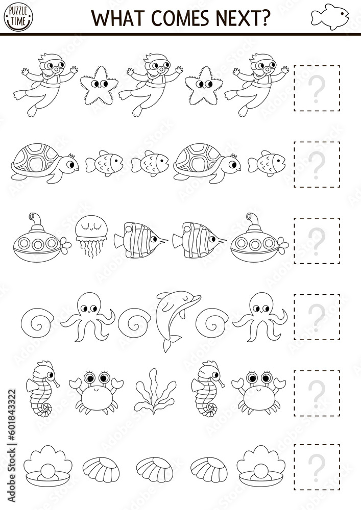 What comes next. Under the sea black and white matching activity for preschool kids with traditional ocean life coloring page. Water line adventures logical worksheet. Continue the row game.