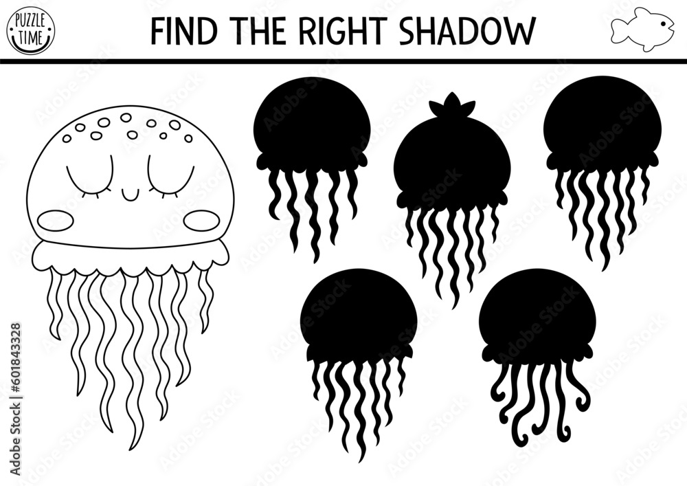 Under the sea black and white shadow matching activity. Ocean line