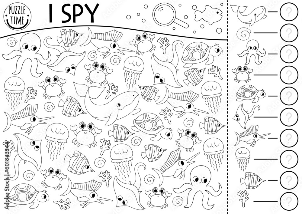 Under the sea black and white I spy game for kids. Searching and counting line activity with fish, whale, octopus, crab, turtle, jellyfish. Ocean life printable worksheet. Simple water coloring page.