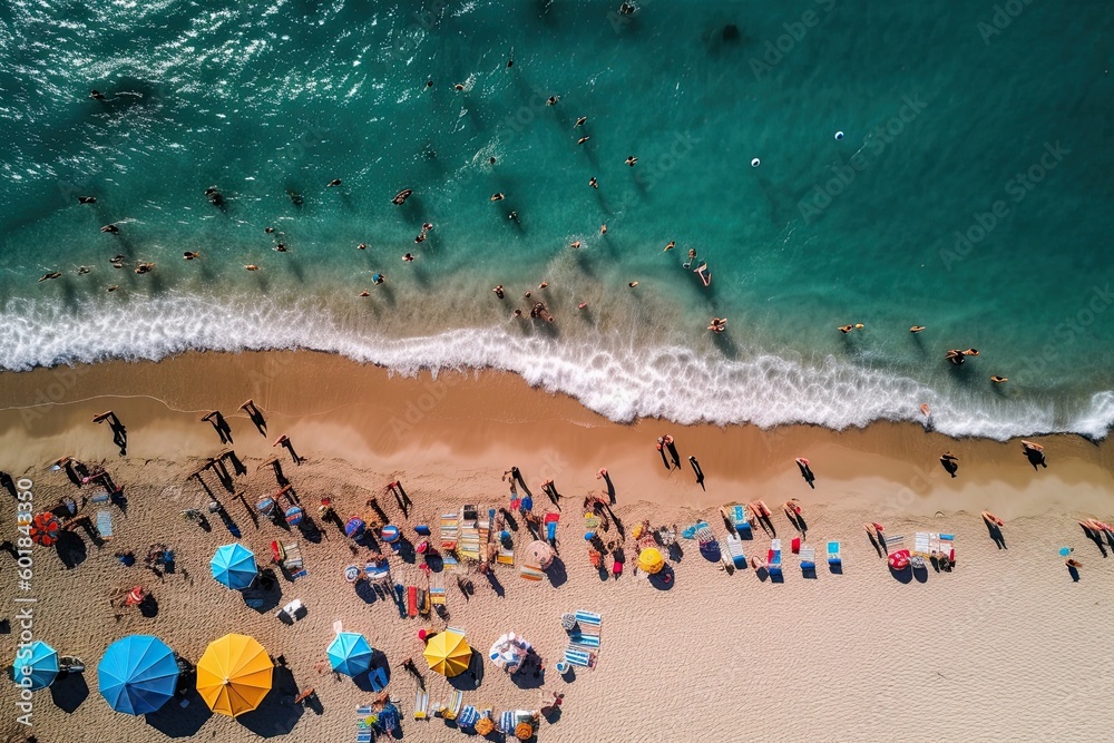 A drone shot of a beach from above with lots of people bathing and colorful umbrellas (Generative AI, Generativ, KI)