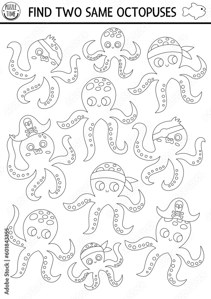 Find two same water animals. Under the sea black and white matching activity for children. Ocean life line educational worksheet for kids. Simple printable coloring page with cute pirate octopuses.