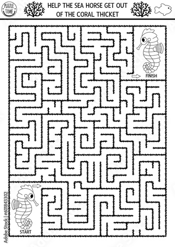 Under the sea black and white geometrical maze for kids with seahorse. Ocean line preschool printable activity. Water labyrinth coloring page. Help the sea horse get out of the coral thickest.