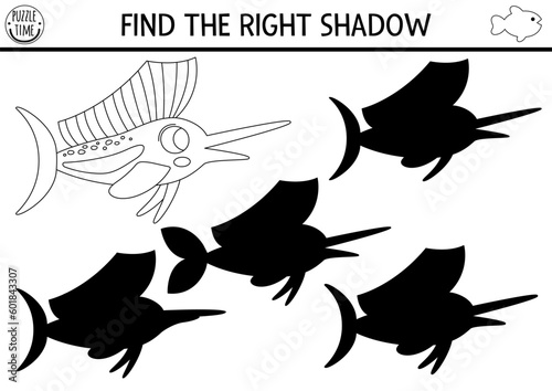 Under the sea black and white shadow matching activity. Ocean line puzzle with cute sailfish. Find correct silhouette printable worksheet. Water animal coloring page for kids with sail fish.