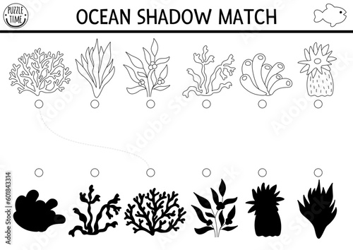 Under the sea black and white shadow matching activity. Ocean line puzzle with cute seaweeds. Find correct silhouette printable worksheet or game. Water plants coloring page for kids.