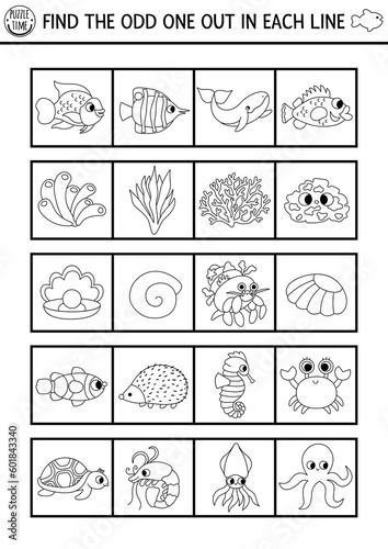 Find the odd one out. Under the sea black and white logical activity. Ocean life line educational quiz worksheet for kids for attention skills. Simple water animals coloring page.