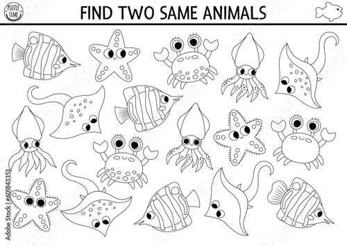 Find two same water animals. Under the sea black and white matching activity. Ocean life line educational quiz worksheet for kids. Simple printable coloring page with cute fish, crab, starfish.
