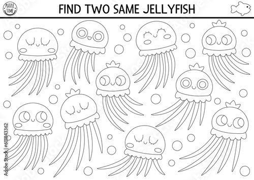 Find two same water jellyfish. Under the sea black and white matching activity. Ocean life line educational quiz worksheet for kids. Simple printable coloring page with cute water animals.