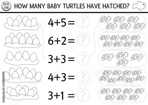 How many baby turtles have hatched game. Under the sea black and white math addition activity or coloring page. Simple line ocean life printable counting worksheet for kids with water animals.