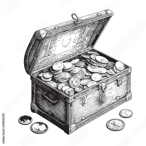 Chest with coins hand drawn sketch in doodle style illustration