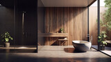 Modern Master Bathroom Interior Design with Concrete and Wood Panel Elements, Lush Plants and High End Accessories - Generative AI