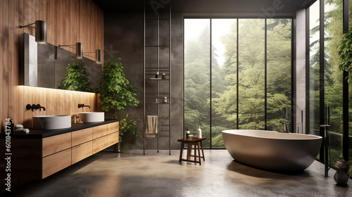 Modern Master Bathroom Interior Design with Concrete and Wood Panel Elements, Lush Plants and High End Accessories - Generative AI © AnArtificialWonder
