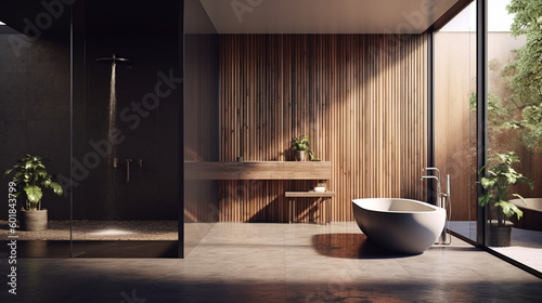 Modern Master Bathroom Interior Design with Concrete and Wood Panel Elements  Lush Plants and High End Accessories - Generative AI