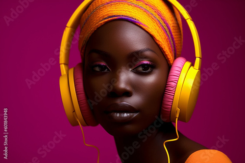 Pretty young black woman wearing colorful headphones to listen to music for entertainment. generative ai