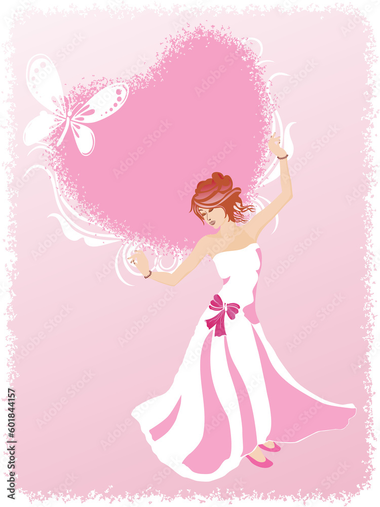 girl dancing with butterfly and heart, pink girl dancing with butterfly and heart, pink