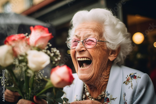 Mature old woman laughing hysterically after receiving a gift of flowers. generative AI photo