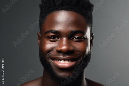 Portrait of handsome young African American man with isolated black background. He has a friendly smile on his face. generative ai