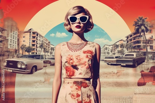Vintage Vibes: Surreal High Contrast Collage of a Young Woman Embracing 60s Fashion on Summer Travel
