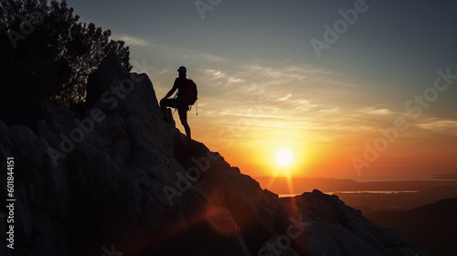 Silhouette of a mountain climber watching the sun rise. 