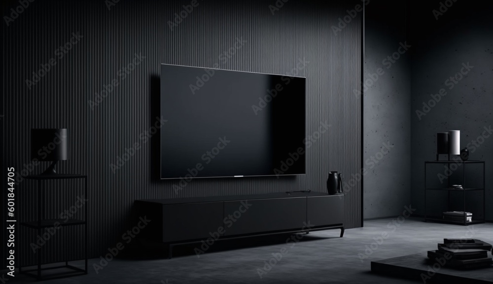 Fototapeta premium Mockup a TV wall mounted in a dark room with a black wall. Generative AI.