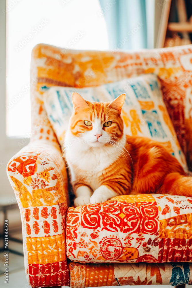 A red cat with white spots sits on a white wooden chair with a pillow and looks at the camera