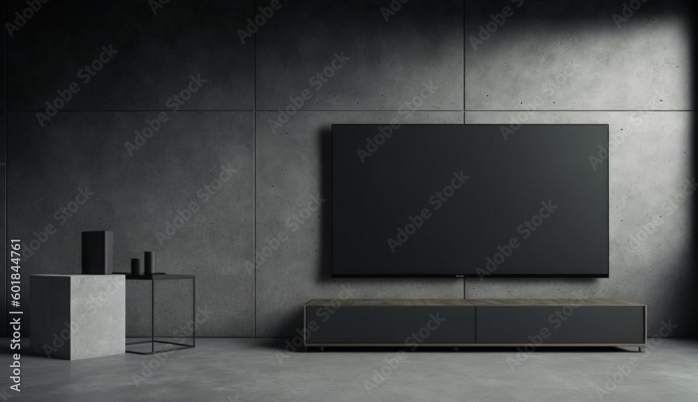Mockup a TV wall mounted in a dark room with concrete wall. Generative