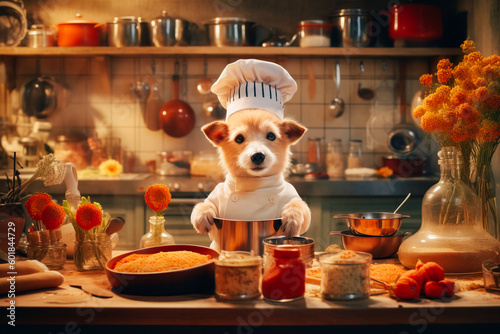 A small dog is sitting in a gourmet kitchen wearing a chef's hat and apron. He is surrounded by bowls of ingredients and kitchen utensils. Artistic illustration