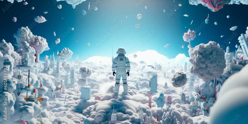 The astronaut stands on top of the clouds, surrounded by many colorful clouds