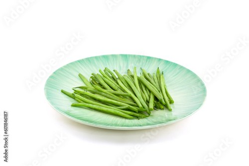 Green Beans on Turquoise Ceramic Plate with White Background