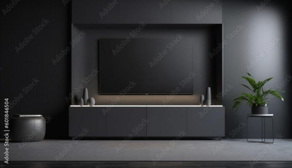 Tv cabinet in modern empty room on back dark wall background. Generative AI. Tv cabinet in modern empty room on back dark wall background. Generative AI.