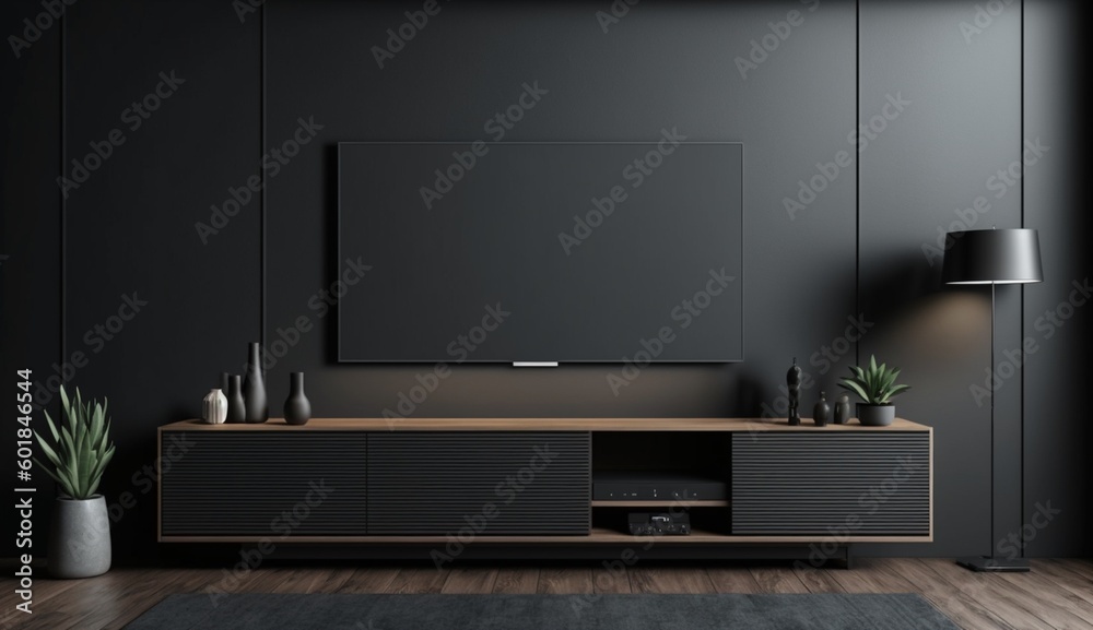 Tv cabinet in modern empty room on dark wall, minimal designs. Generative AI. - obrazy, fototapety, plakaty 
