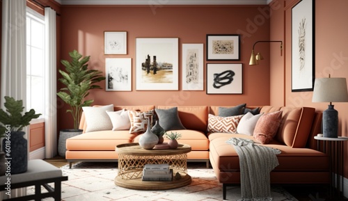 Coral or terracotta living room accent sectional.Generative AI.
