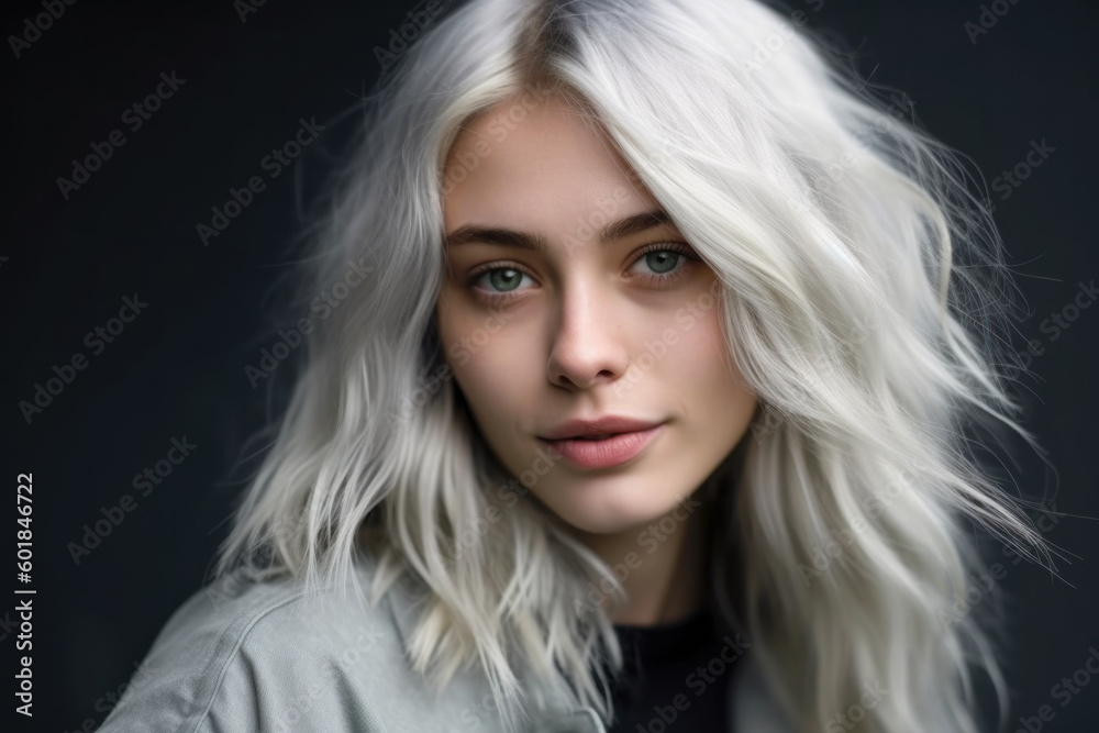 Amazing close up portrait of girl with healthy long grey hair. Generarative AI. Amazing close up portrait of girl with healthy long grey hair. Generarative AI.