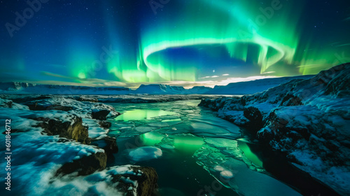 The aurora borealis over icebergs