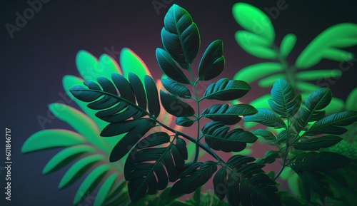 Green Topical Leafs set in solid neon light background.Generative AI.