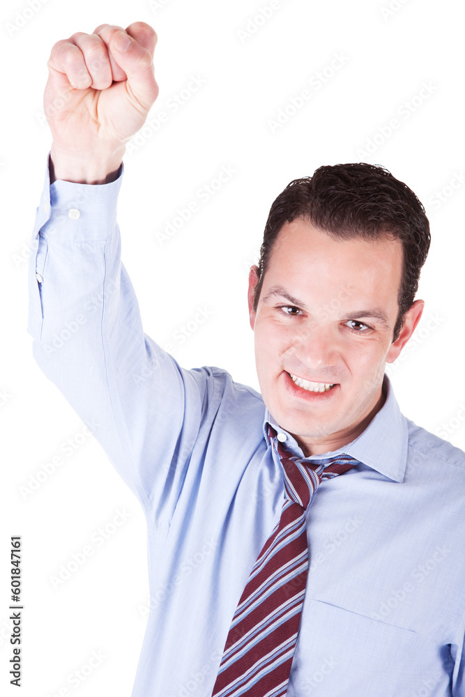 Photo of a handsome, successful, happy young businessman, cheering. Isolated on white background Photo of a handsome, successful, happy young businessman, cheering. Isolated on white background