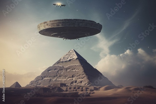 Unidentified flying object over ancient pyramids in Egypt. Generative AI