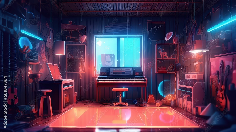 Interior of a latest audio recording studio with equipment and recording both, mixing machine, audio monitors, and studio setup, Neon color of the audio recording studio and interior Interior of a latest audio recording studio with equipment and recording both, mixing machine, audio monitors, and studio setup, Neon color of the audio recording studio and interior