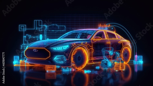 Concept Car with GPS tracking system concept illustration and UI and UX, Concept of tracking system, application development and blueprint for car tracking system , abs system and auto drive features